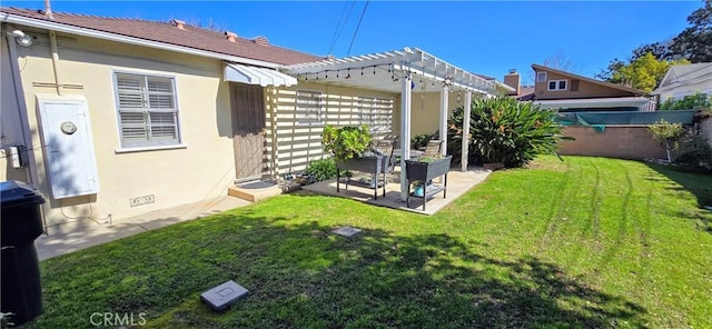 back of house featuring a patio, crawl space, a yard, a pergola, and stucco siding