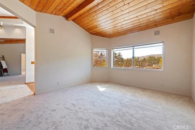 spare room with vaulted ceiling with beams, carpet, wood ceiling, and visible vents