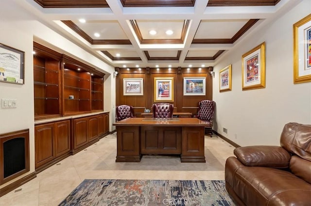 office space with light tile patterned floors, baseboards, coffered ceiling, ornamental molding, and beam ceiling