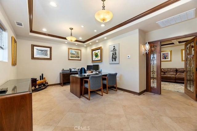 office area with ornamental molding, a tray ceiling, visible vents, and recessed lighting