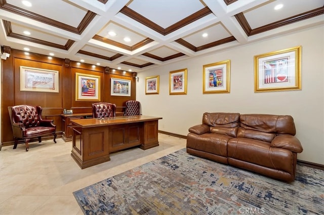 home office with coffered ceiling, crown molding, beamed ceiling, and baseboards