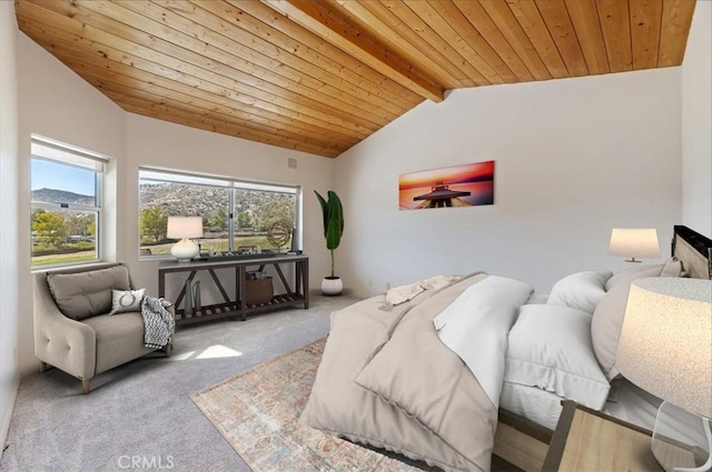 bedroom featuring wooden ceiling, carpet flooring, vaulted ceiling with beams, and multiple windows