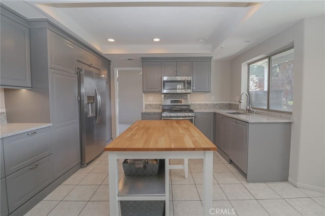 kitchen featuring a sink, a tray ceiling, gray cabinets, and stainless steel appliances