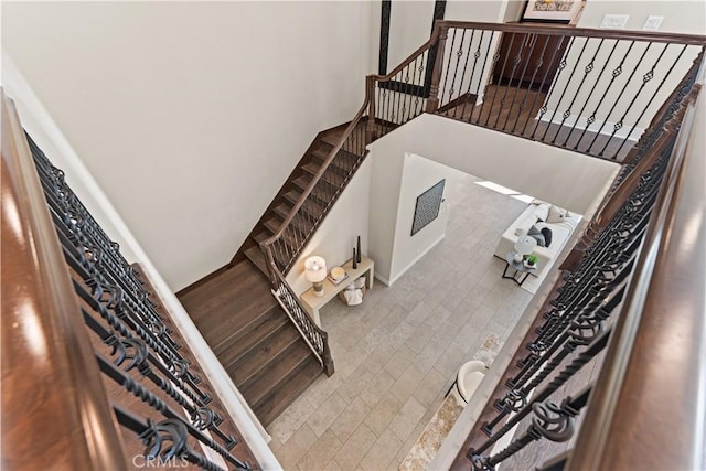 stairway with a high ceiling