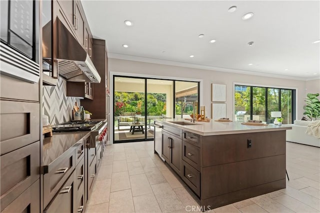 kitchen with an island with sink, a sink, a wealth of natural light, and under cabinet range hood