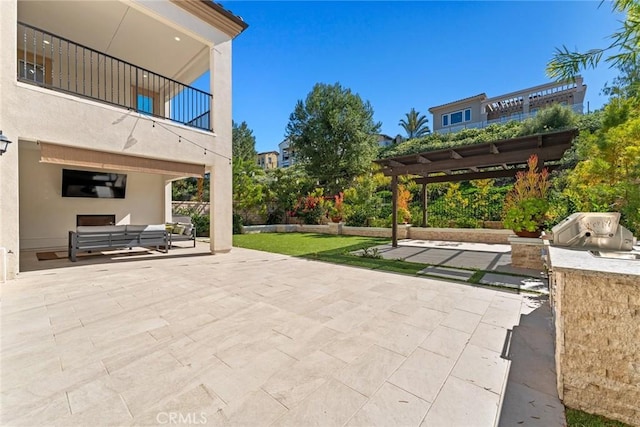 view of patio / terrace with a balcony, an outdoor living space, area for grilling, and a pergola