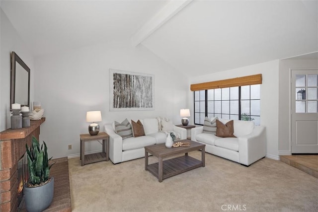 living area with lofted ceiling with beams, carpet, a fireplace, and baseboards