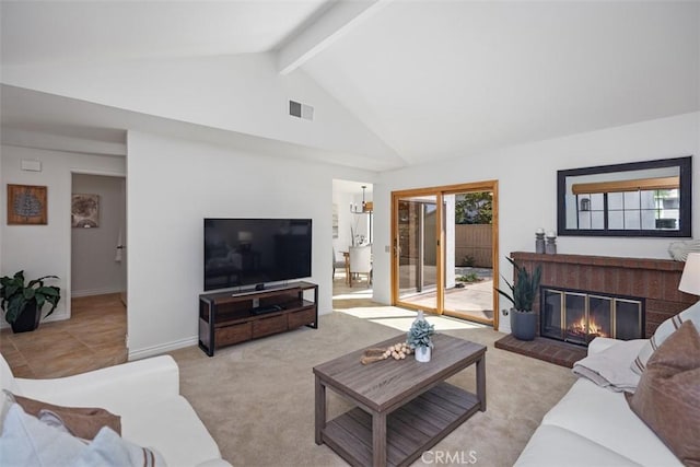 living room featuring visible vents, carpet, a brick fireplace, high vaulted ceiling, and beam ceiling