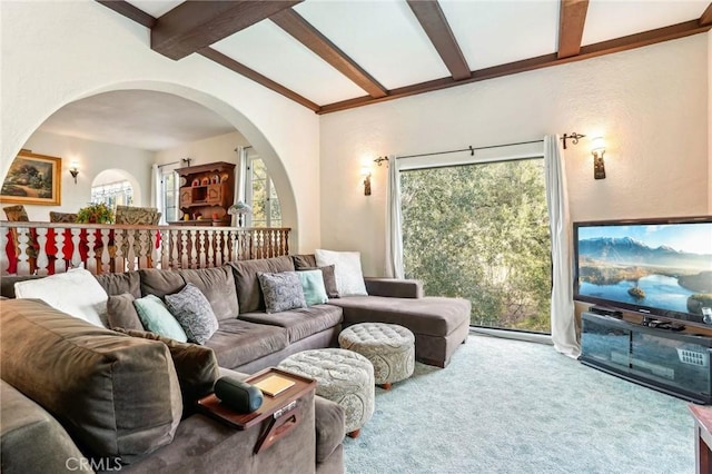 living area featuring carpet and beamed ceiling