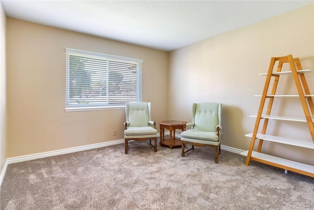 living area with baseboards and carpet flooring