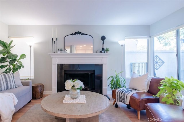 living area featuring a tile fireplace and light wood finished floors