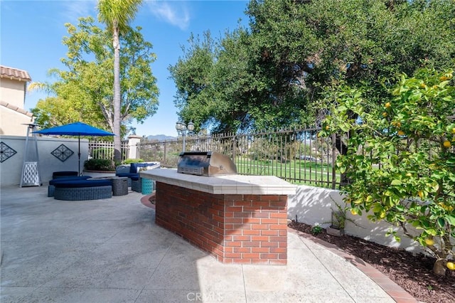 view of patio / terrace with fence, an outdoor kitchen, and area for grilling