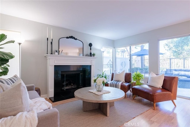 living room featuring light wood-style floors and a glass covered fireplace