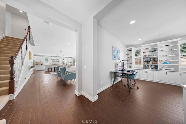 office space featuring dark wood-style floors, baseboards, and recessed lighting