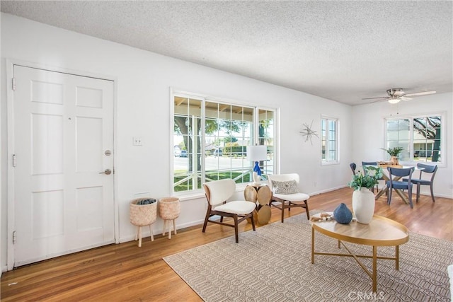 living area featuring a healthy amount of sunlight, light wood-style flooring, and a textured ceiling