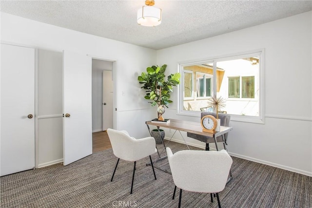 home office featuring carpet floors, a textured ceiling, and baseboards