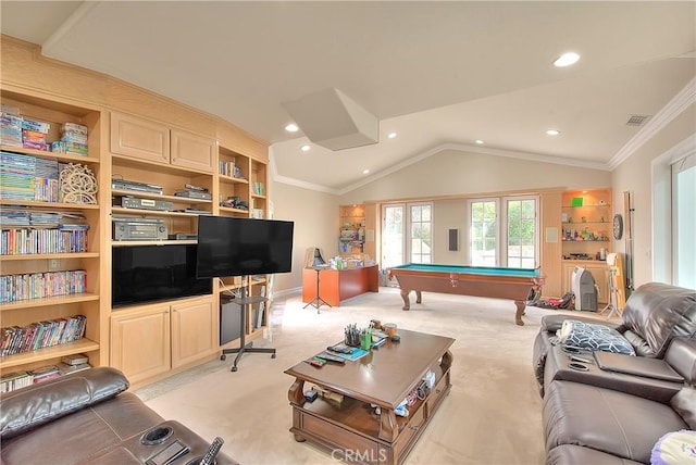 living room with crown molding, lofted ceiling, visible vents, light carpet, and billiards