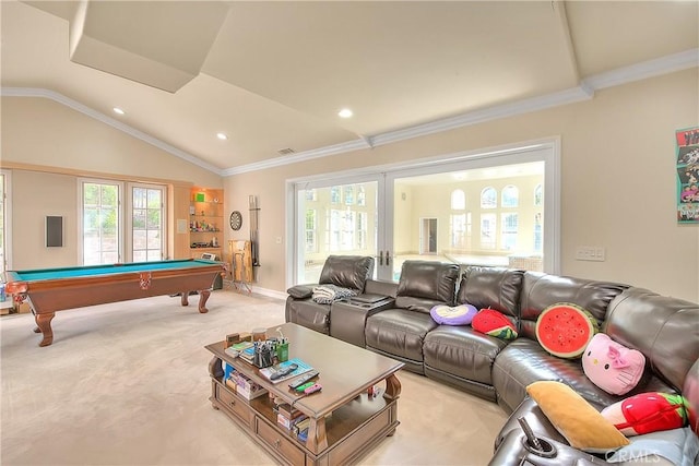 game room featuring lofted ceiling, recessed lighting, light carpet, visible vents, and crown molding