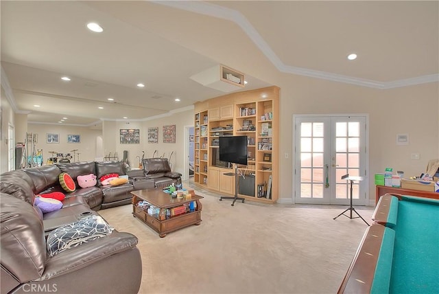 living area with recessed lighting, light colored carpet, crown molding, and french doors