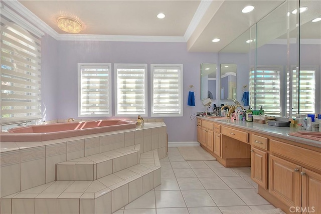 bathroom with ornamental molding, tile patterned flooring, vanity, and a bath