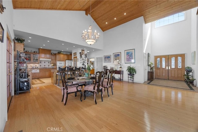 dining room featuring wood ceiling, light wood-style flooring, beamed ceiling, high vaulted ceiling, and a notable chandelier