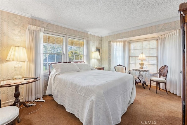 bedroom featuring ornamental molding, carpet, and wallpapered walls