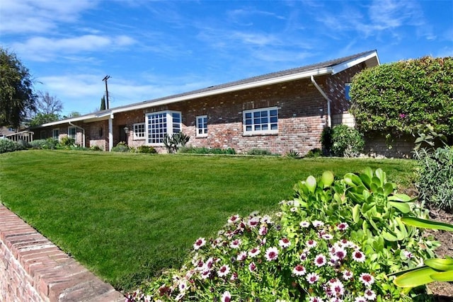 view of front of house with brick siding and a front lawn