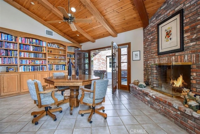 dining area featuring lofted ceiling with beams, light tile patterned floors, wood ceiling, and visible vents