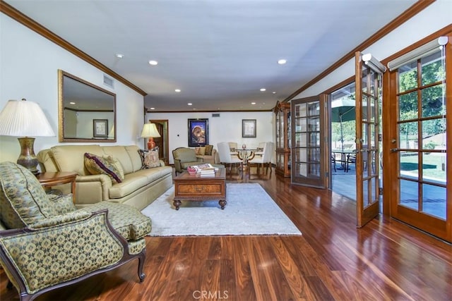 living room with recessed lighting, dark wood-type flooring, visible vents, french doors, and crown molding