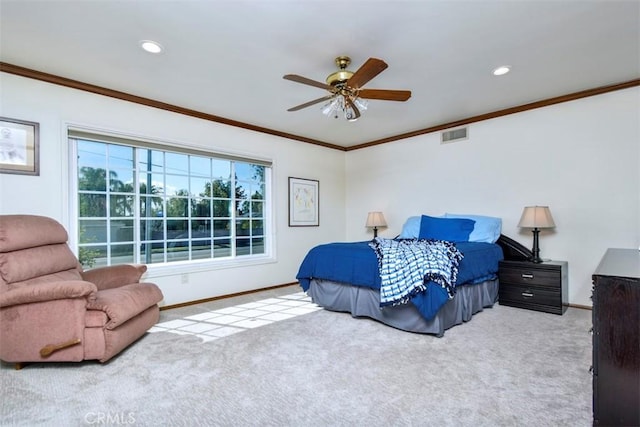 bedroom featuring visible vents, baseboards, light colored carpet, crown molding, and recessed lighting