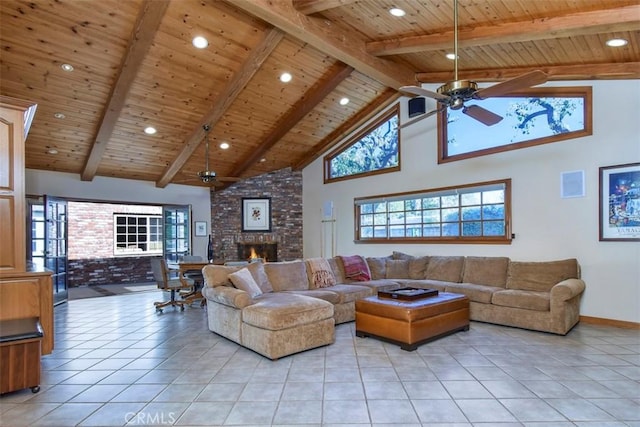 living room featuring a fireplace, high vaulted ceiling, beamed ceiling, and light tile patterned flooring