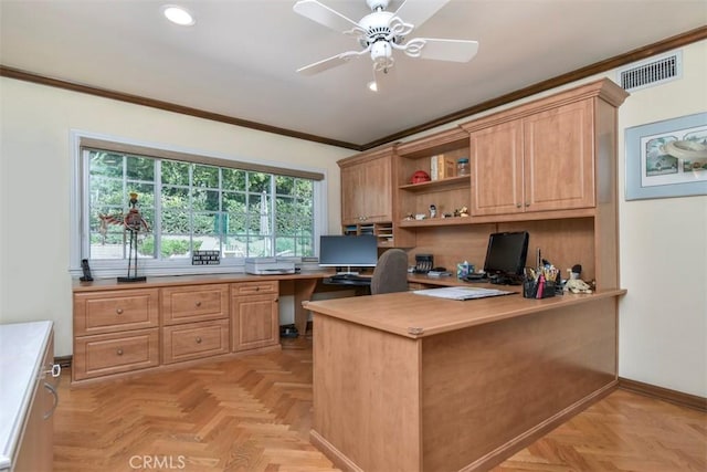 office space with visible vents, ceiling fan, crown molding, built in desk, and recessed lighting