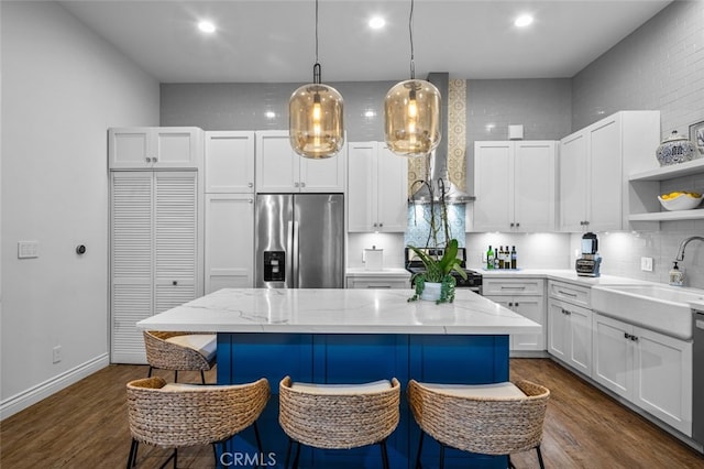 kitchen with dark wood-type flooring, a sink, white cabinets, stainless steel fridge with ice dispenser, and open shelves