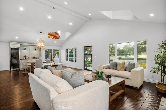 living room featuring high vaulted ceiling, a wealth of natural light, dark wood-style flooring, and beam ceiling