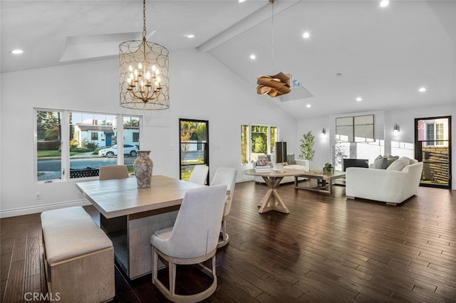 dining space featuring dark wood-style floors, a notable chandelier, recessed lighting, high vaulted ceiling, and beamed ceiling