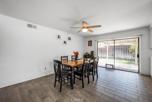 1787 N Ella Mae Ln, San Jacinto, CA 92583 - dining area featuring visible vents, baseboards, dark wood-type flooring, and ceiling fan