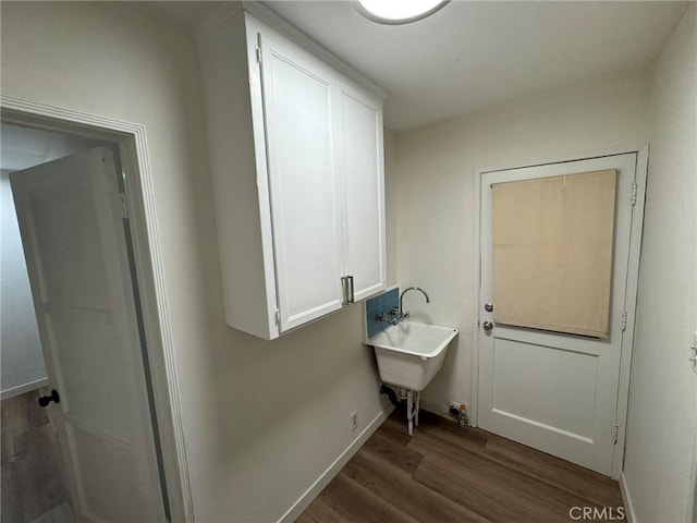 clothes washing area featuring dark wood-style flooring and a sink