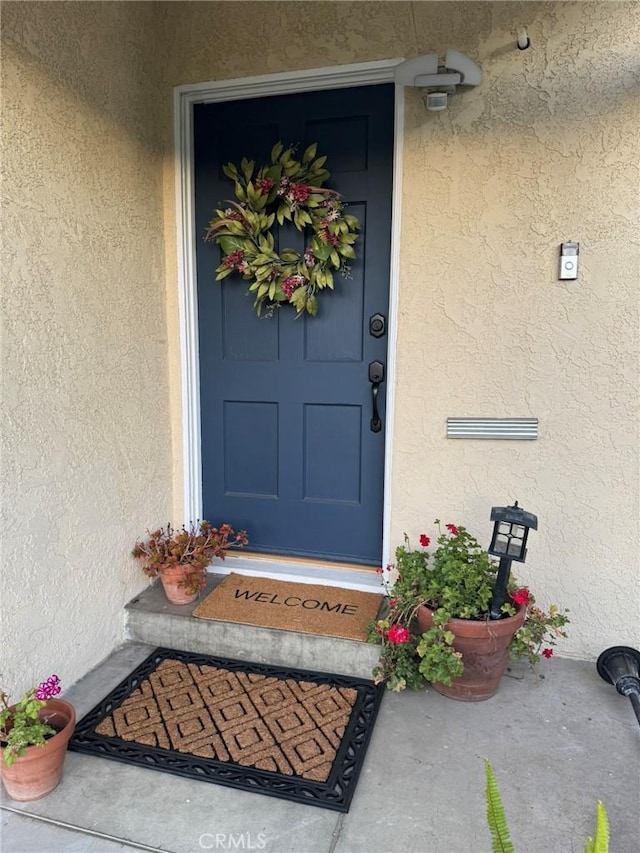 view of exterior entry with stucco siding