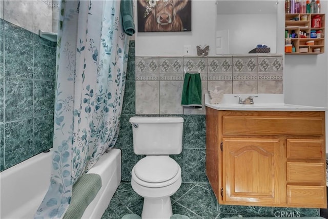 bathroom featuring toilet, vanity, tile walls, and shower / tub combo with curtain