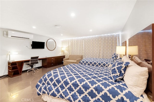 tiled bedroom featuring recessed lighting and a wall mounted air conditioner