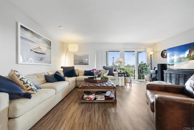 living area featuring an AC wall unit and wood finished floors