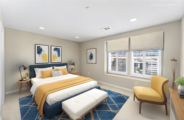 bedroom featuring baseboards, visible vents, and recessed lighting