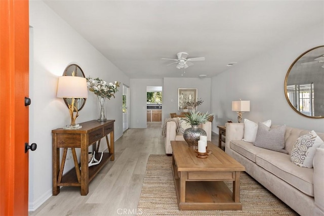 living area featuring ceiling fan and light wood-type flooring