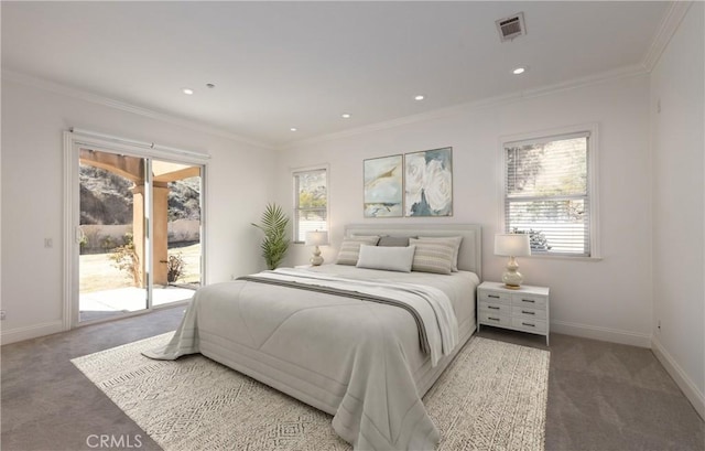 bedroom featuring access to exterior, visible vents, ornamental molding, and light carpet