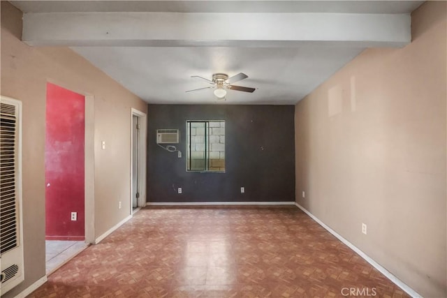 8181 Date St, Fontana, CA 92335 - empty room with an AC wall unit, beamed ceiling, and baseboards