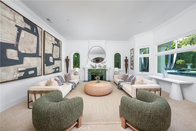 living area featuring carpet floors, plenty of natural light, and crown molding