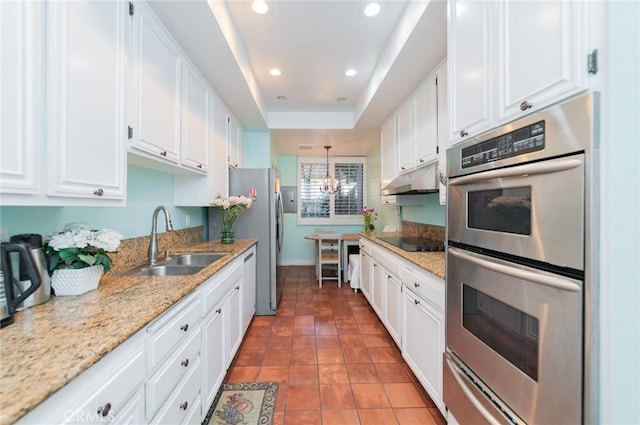 kitchen with under cabinet range hood, white cabinetry, stainless steel appliances, and a sink