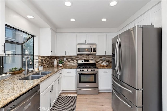 kitchen featuring light stone counters, stainless steel appliances, a sink, white cabinets, and decorative backsplash