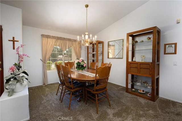 dining area with carpet floors, a chandelier, and lofted ceiling