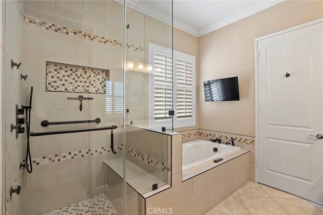 bathroom with a shower stall, a bath, and crown molding